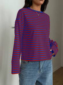 Women's Casual Top, Striped Contrast Ribbed Fabric, Everyday Wear, Spring/Autumn - Red and Blue - View 8
