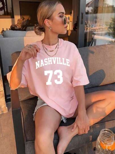 女士圆领短袖T恤，纳什维尔73号图案印花，休闲运动时尚T恤