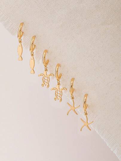 6 Pcs Golden Color Sea Turtle Fish Starfish Dangle Earrings Set, Minimalist Hoop Earring With Sealife Charm, Summer Vacation Beach Jewelry For Women