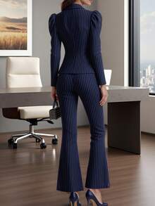 HOMEYEE Bộ vest kẻ sọc, áo blazer và quần tây kiểu công sở, quần ống ôm, kiểu dáng đa năng phù hợp cho nhiều dịp, đi nghỉ mát và công tác, bộ 2 món. - Màu xanh hải quân - Xem 2