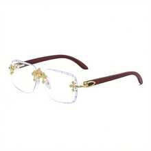 New Vintage Frameless Glasses For Men, Featuring Diamond-Cut Edges And Faux Wood Grain Temples - 透明的 - 查看 12
