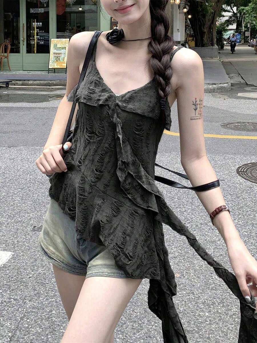 复古不对称荷叶边拼接做旧吊带背心，女士夏季休闲设计