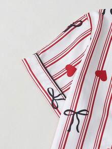 Bộ đồ ngủ nữ tay ngắn và quần short họa tiết sọc nơ và trái tim, chất liệu crepe phồng, in hình. - Đỏ - Xem 3