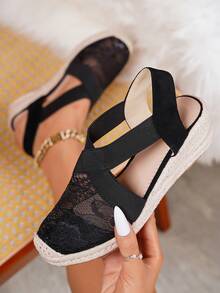 新款时尚女士休闲度假编织坡跟凉鞋 - 黑色 - 查看 7