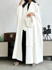 Solid Color Oversized Long Cardigan Robe, Minimalist Batwing Sleeve Open Front Long Robe Outerwear, Conservative Style Daily Wear Versatile Abaya (Excluding Scarf) Spring White - White - View 2