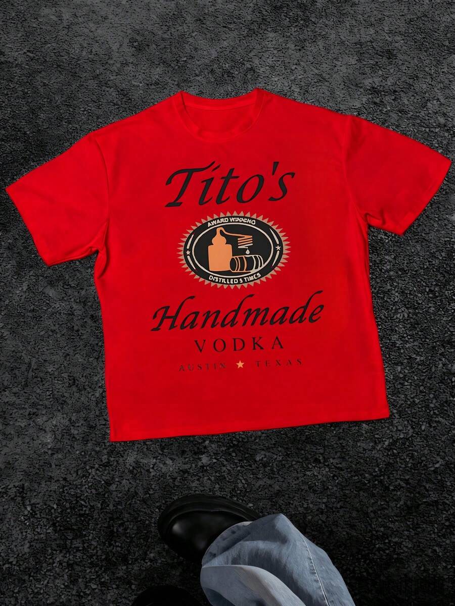 Men's Tito's Vodka AwardWinning Graphic Print T Shirt Austin Texas 100% Cotton Tee Distilled & Times Handmade Style Casual Short Sleeve T Shirt - 紅色 - 查看 1