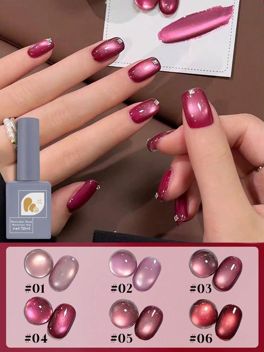 Mec 12ml Rose Wine Cat Eye Gel Nail Polish, 6 Colors Selected Magnetic Sheer Gel, Translucent Pink Purple Bordeaux Red Tones, Glass Bead Shimmer Effect, Soak Off UV/LED Curable Long-Lasting For Date & Office Manicure