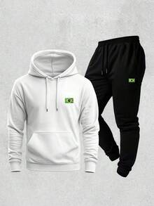 Men's Hoodie And Jogger Pants Set With Brazilian Flag Print, Casual, Minimalist, Sporty, Long Sleeves, Kangaroo Pocket, Comfortable For Autumn/Winter - 白色 - 查看 1