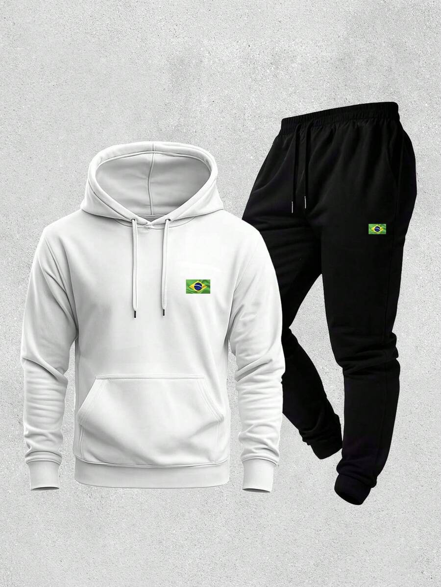 Men's Hoodie And Jogger Pants Set With Brazilian Flag Print, Casual, Minimalist, Sporty, Long Sleeves, Kangaroo Pocket, Comfortable For Autumn/Winter - 白色 - 查看 1