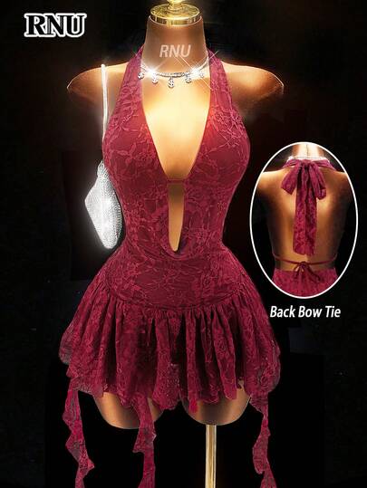 RNU Women's Burgundy Lace Patchwork V-Neck Top, Sexy Design Suitable For Spring/Summer Banquet, Party And Wedding. Very Suitable For Outdoor Festivals, Seaside Sunlight Wear, Also Can Be Used As An Undershirt, Showing Delicate Design And Y2K Sexy Style. Women's Resort Wear, Summer Casual Wear, Adjustable Shoulder Straps, Multi-Tier Ruffle Hem Design