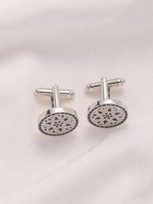 2pcs Round Flame Lacquered Cufflinks, Versatile Business Shirt Sleeve Studs For Men - Silver - View 3