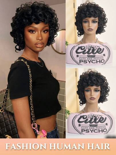 Tóc giả pixie xoăn đen/nâu - Tóc giả xoăn mềm mại có mái cho nữ, kiểu tóc pixie ngắn thanh lịch, kiểu bob trứng xoăn, mũ lưới E Rose, hoàn hảo cho nữ, kiểu tóc gợn sóng trứng, tóc giả tóc thật cho nữ, kiểu bob ngắn xoăn tự nhiên màu đen, tóc giả pixie ngắn 8 inch xoăn tự nhiên có mái, không ren, không keo dán, kiểu bob ngắn, pixie, kiểu dáng tự nhiên, thích hợp sử dụng hàng ngày, lễ hội âm nhạc và tiệc tùng, tóc giả đa năng, kiểu tóc pixie cắt bằng tóc thật.