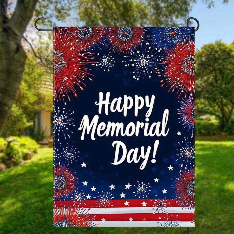 2D Flat, 2D Printing Memorial Day Garden Flag - Patriotic Design With American Flag & Fireworks, Durable Blend Outdoor Decoration For Memorial Day,, No Pole Included, Memorial Garden Flag, Festive Design,, Holiday Display, Celebratory Banner - A - 查看 1