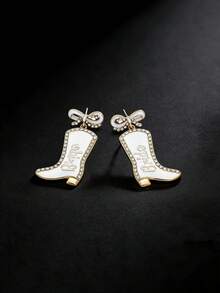1 Pair Fashion Metal Enamel Bow Rhinestone Letter Cowboy Boot Earrings, Unique Western Style, Suitable For Valentine's Day & Wedding Season - Bowknot Diamond Letter Boot Earrings - View 3
