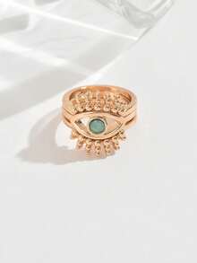 3pcs Set Vintage Metal Inlaid Faux Turquoise Crown Ring Set, Can Be Worn Separately, Suitable For Women's Daily, Dating, Party, Holiday, Gift Accessories - Yellow Gold - View 4
