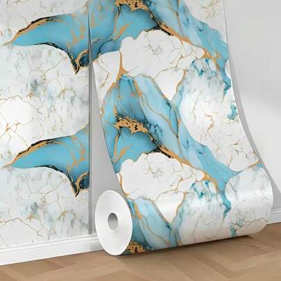1 Roll Removable Peel And Stick Grey Blue Marble Texture Wallpaper, Waterproof Vinyl Contact Paper For Decorating Living Room, Bathroom, Kitchen, Bedroom, DIY Wall Decor, Desk, Kitchen Oil-Proof Sticker, Waterproof Wallpaper, Spring Decor, Home Decor, Bathroom Wall Sticker