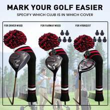 FINGER TEN Pom Golf Head Covers 1 Pack For Driver Fairway Hybrid, Stylish Colors Options Pom Stripes Pattern With Long Neck Design & Interchangeable Number Tag For Easy To Identify - Red - View 3