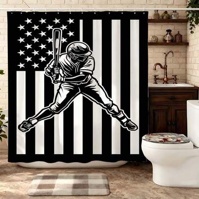 ستارة حمام لاعب البيسبول الأمريكي الرجعي، علم الولايات المتحدة الأبيض والأسود الوطني مع تصميم لاعب البيسبول، ستارة حمام مقاومة للماء والعفن من البوليستر، ديكور حمام بموضوع رياضي للأولاد، تقسيم الحمام بطراز أمريكي كلاسيكي، ستارة حمام ذات طباعة رياضية للمنزل، ستارة رياضية قوية وسريعة الجفاف، ديكور حمام وطني عصري، ستارة حمام لمشجعي البيسبول الشعبية، ستارة حمام بنمط نجمي مخطط، ديكور حمام بطراز أمريكي رياضي