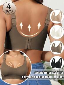4-Piece Seamless Breathable Wireless Sports Bra For Women - Full Coverage Design, Anti-Slip Material, With Lifting And Support Functions, Comfortable To Wear, Ribbed Details, Made Of Nylon And Elastic Fiber Blend, Hand Wash. Elegant Solid Color Design. - 彩色 - 查看 6