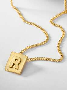 Charm-In Minimalist Cube Letter Plated Gold Necklace For Women, Versatile All-Season Design, Delicate Valentine's Gift For Girlfriend - Yellow Gold - View 9