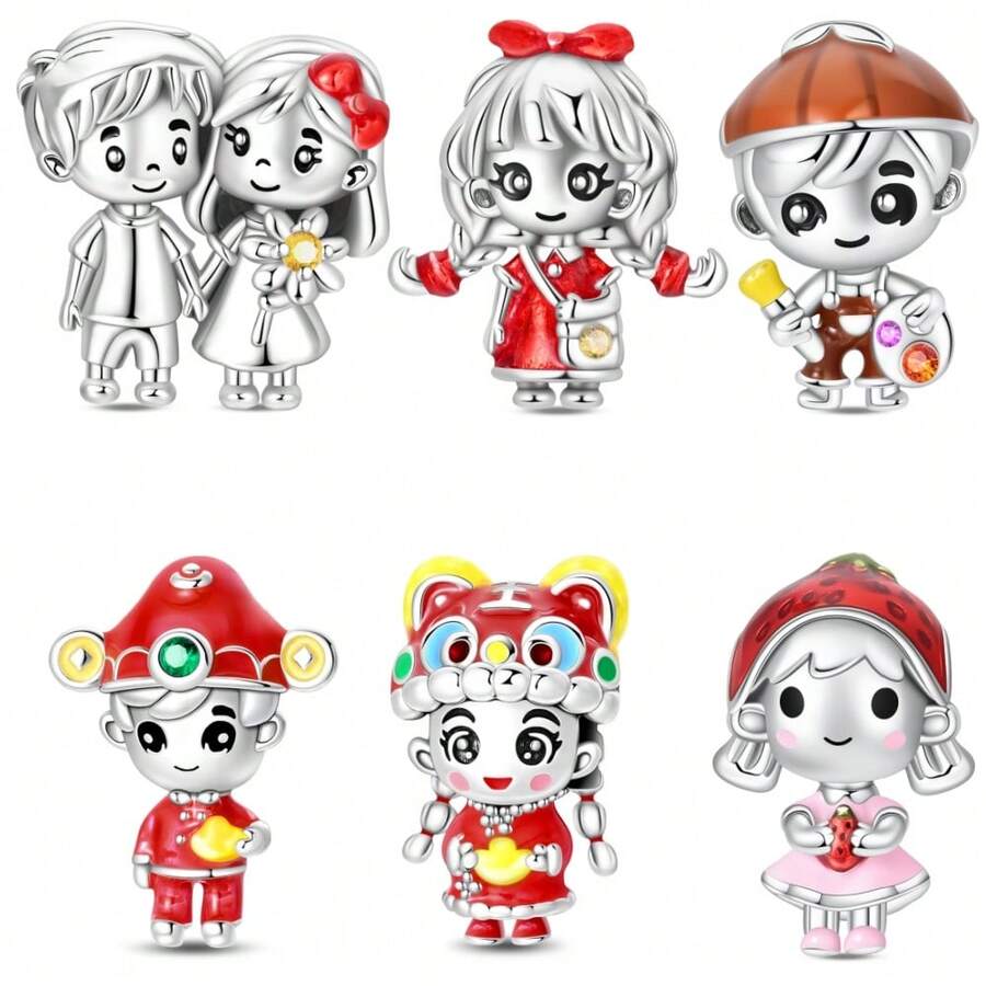 男女通用镀银串珠系列 - 草莓女孩绘画男孩珠子，适用于3毫米手链DIY吊坠，女士时尚饰品，节日生日礼物 - 彩色 - 查看 1