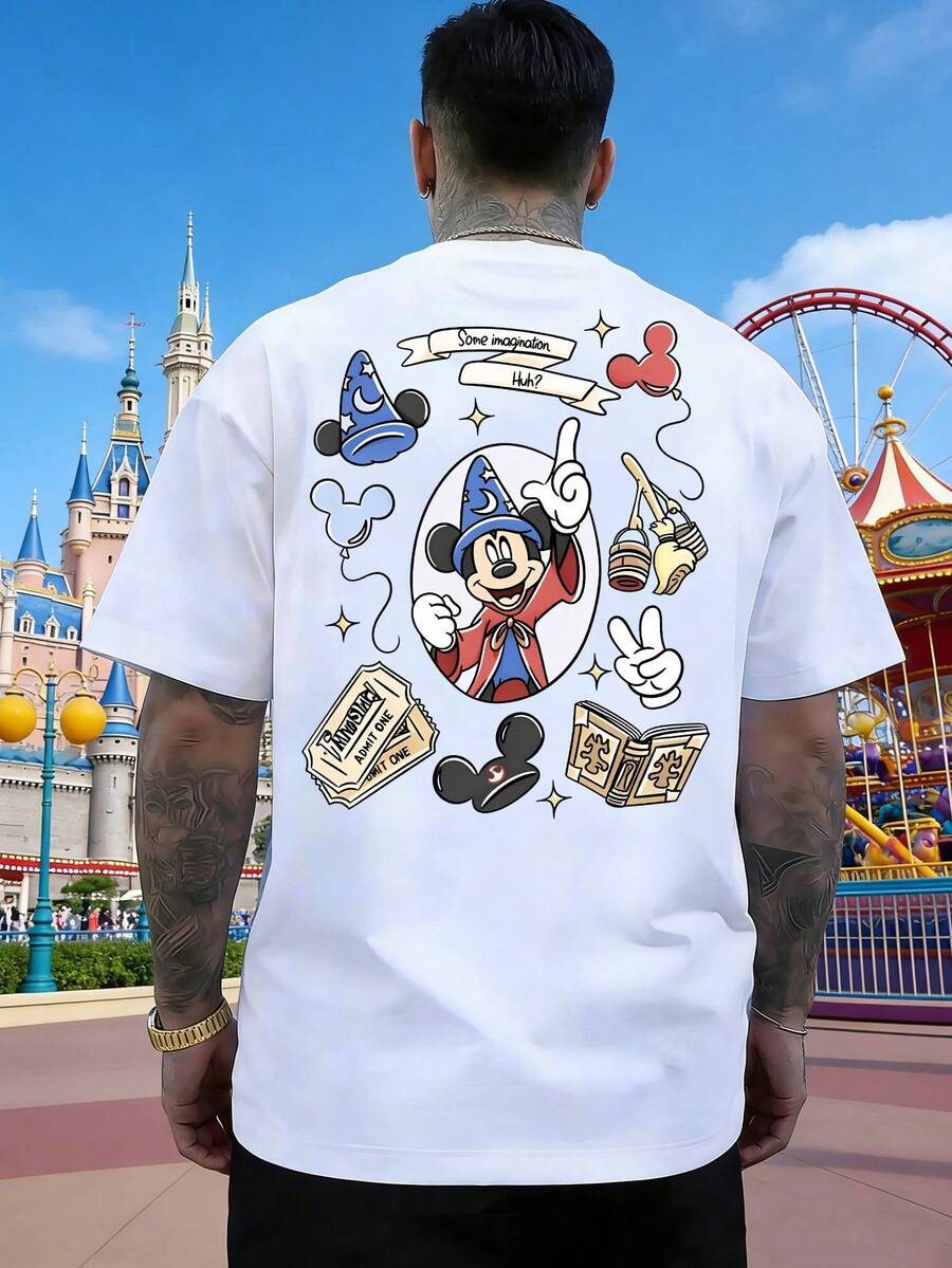 Disney Mickey Mouse Magic Hat, Balloon, And Magic Book Pattern Men's T-Shirt, Casual Loose Short-Sleeved T-Shirt, Unisex, Comfortable Pure Cotton Breathable T-Shirt, Suitable For Daily Commuting, Outings, Vacations, Parties, And Festivals Men Clothes. - White - View 1