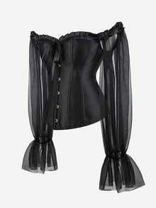 Women's Black Open Shoulder Bustier Top With Sheer Puff Sleeves, Tie-Back, And Button Front Closure, Regular Length, Non-Stretch Fabric, Suitable For Party, Prom, Halloween, Retro Chic Spring - Black - View 5