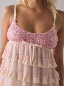 Women's Sequin Lace Edge Ruffled Mini Dress Multi-Layered Spaghetti Strap Sleeveless Cute Bow Decor Short Dress For Club Party - 粉色 - 查看 3