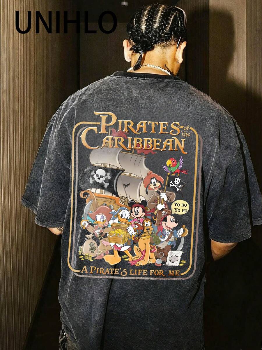 Disney UNIHLO  Mickey   Printed Summer Heavyweight Retro Washed Street Fashion Casual T-Shirt - Black - View 1