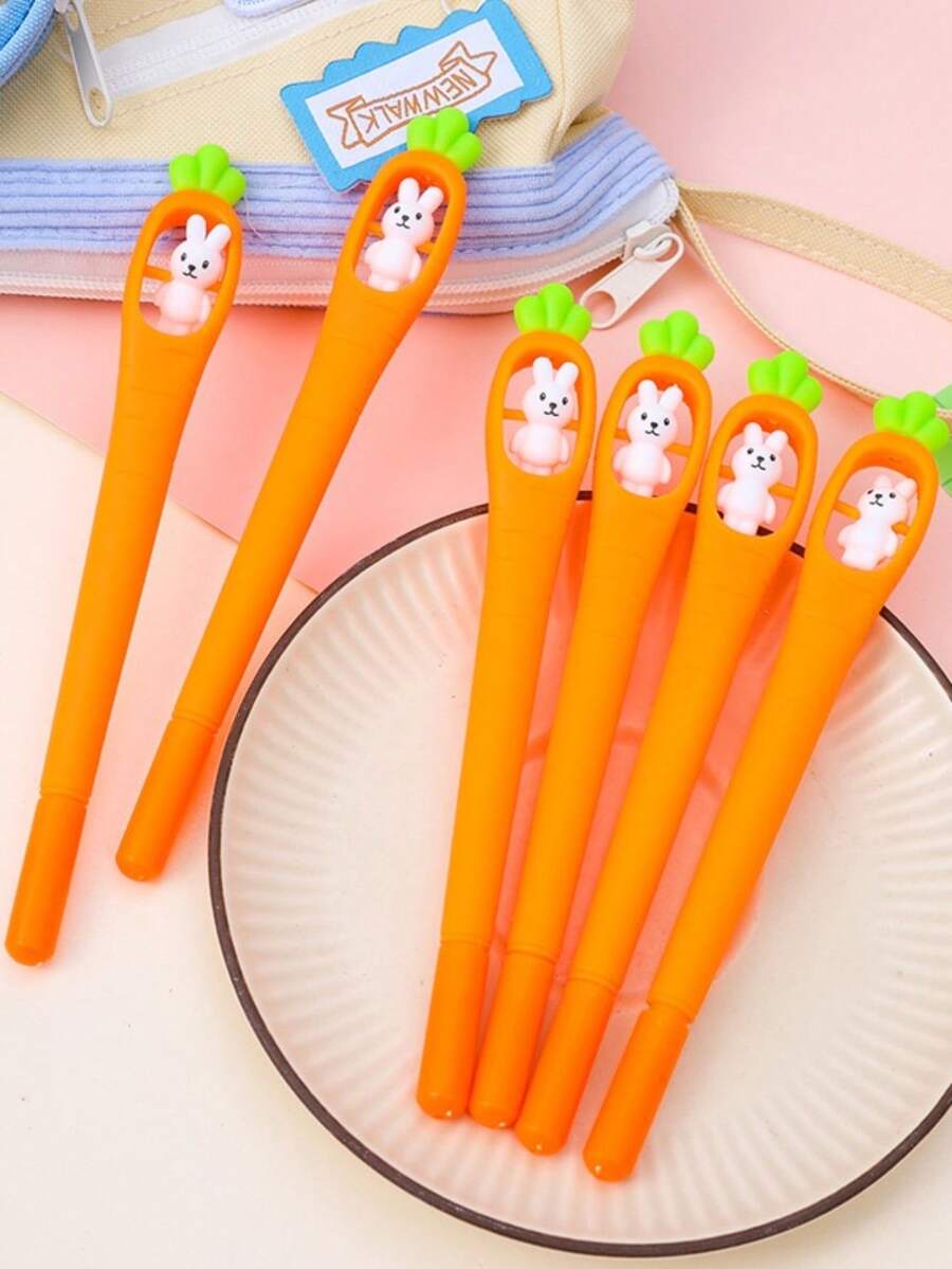 5pcs Creative Animal Fashion Rabbit Black Neutral Pens, Rotating Rabbit Vegetable Pens, Student Learning Stationery Neutral Pens - Rabbit Vegetables - View 1