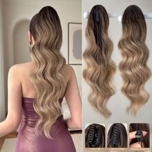24-Inch Ombre Brown-Gold Wavy Thermoplastic Fiber Synthetic Ponytail Hair Extension, Claw Clip Ponytail Hair Accessory Suitable For Women's Party And Daily Use - Two-Tone - View 18