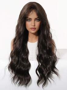 26 Inch Natural Long Brown Loose Wave Wig With Bangs, High Temperature Fiber Synthetic Wig With Adjustable Strap For Beach & Vacation - Brown - View 3