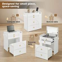 CLIPOP 3-In-1 Dressing Table With Folding Mirror, Cosmetic Table With Visible Glass Top, 3 Drawers, Side Storage, Storage Stool, Small Vanity Table For Bedroom - White - View 5