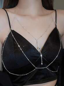 奢华金色水钻身体链，性感胸链+多层项链套装，派对晚宴内衣配饰 - 銀色 - 查看 12