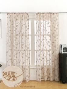 1片/2片藤蔓叶子刺绣薄纱窗帘，半透明家居窗户装饰，房间装饰 - 卡其色 - 查看 1