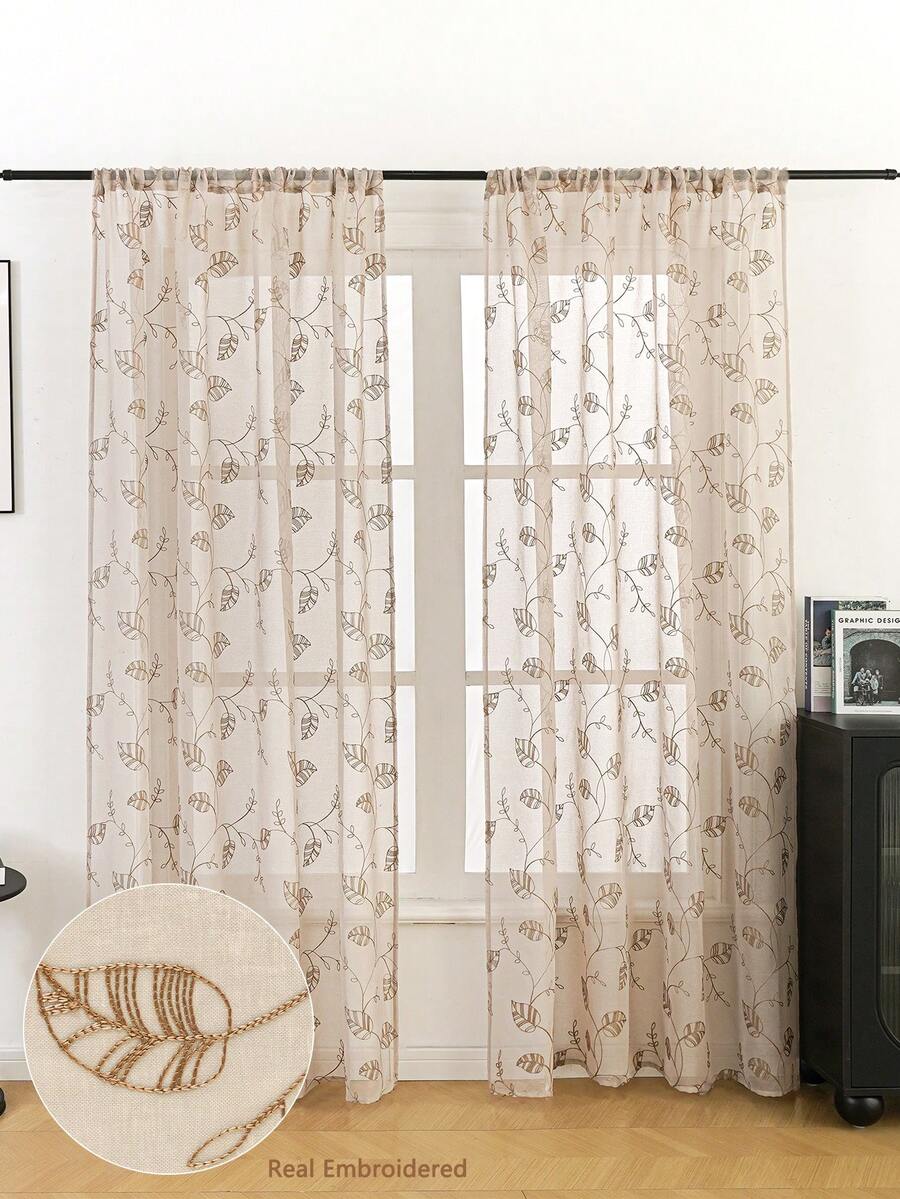 1片/2片藤蔓叶子刺绣薄纱窗帘，半透明家居窗户装饰，房间装饰 - 卡其色 - 查看 1
