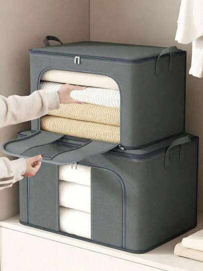 1pc Large Capacity Foldable Thick Grey Cotton Quilt Storage Bag, Multi-Purpose Storage Bag, Double Zipper Waterproof Moisture-Proof, Suitable For Storing Quilts, Blankets, Clothes, Holiday Items, Room, Home, Bedroom Decor, Dresses, Pants, Shoes, White T-Shirts, Black Pants, Women's Winter Clothes, Foldable Moving Packing Bag