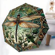 Automatic Opening/Closing Windproof Umbrella With Automatic Operation & Windproof Canopy - Portable Folding Design, Lightweight Suitable For, Elegant Purple/Golden Dragonfly & Star Patterns, Outdoor Sun Umbrella For Travel, Christmas Gift - Green - View 1