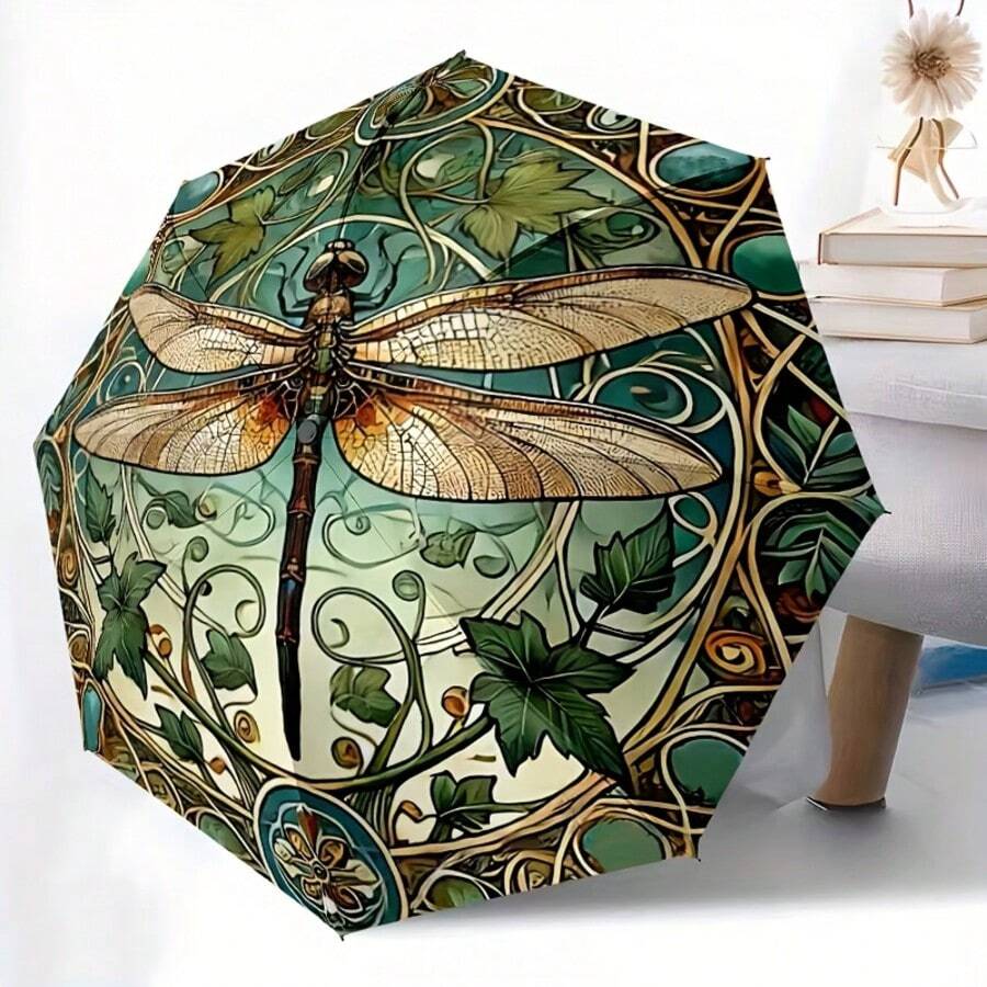 Automatic Opening/Closing Windproof Umbrella With Automatic Operation & Windproof Canopy - Portable Folding Design, Lightweight Suitable For, Elegant Purple/Golden Dragonfly & Star Patterns, Outdoor Sun Umbrella For Travel, Christmas Gift - Green - View 1