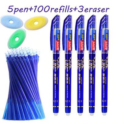 108pcs Erasable Gel Pen Set - Includes 5 Pens, 100 Refill Tips And 3 Erasers, Black/Blue, Washable Pen Barrel, Office & School Supplies | Back To School