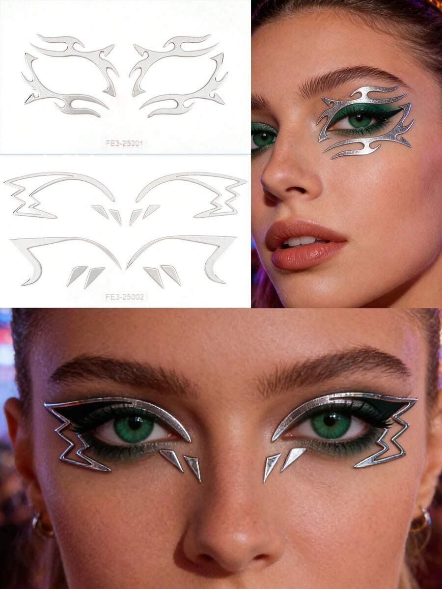 1张银色烫印工艺眼线贴纸 - 艺术眼线纹身贴纸，自粘式眼部装饰，非常适合派对、节日和角色扮演，易于粘贴，醒目的银色眼线贴纸