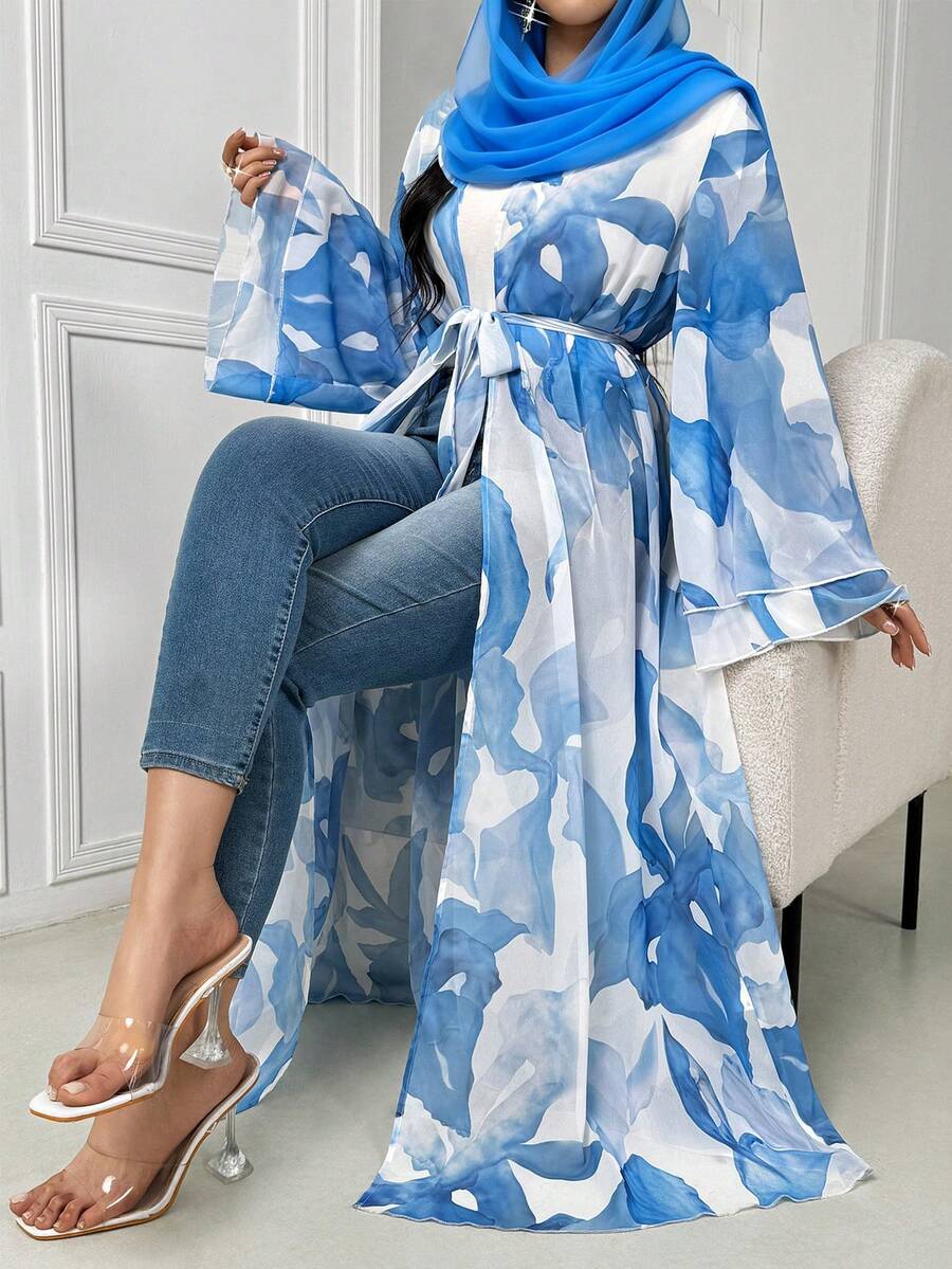 Women's Women's Floral Print Flare Sleeve ElegantArabic Abaya - Multicolor - View 1