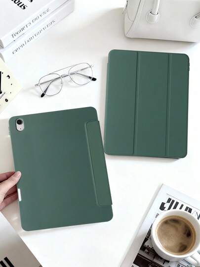 1个纯色右侧笔槽三折磁吸睡眠保护套，午夜绿，适用于MacBook Mini 6/Mini 7/9.7/10.2/10.5/Air 4/Air 5/第十代/10.9/Pro 11英寸/Air 11 (M2)/12.9/Pro 11 2024 (M4)/Air 13 (M3 2025)/Air 11英寸 (M3) 2025/(A16) 11英寸第十一代 2025款机型，三折支架，内置笔槽，自动睡眠/唤醒