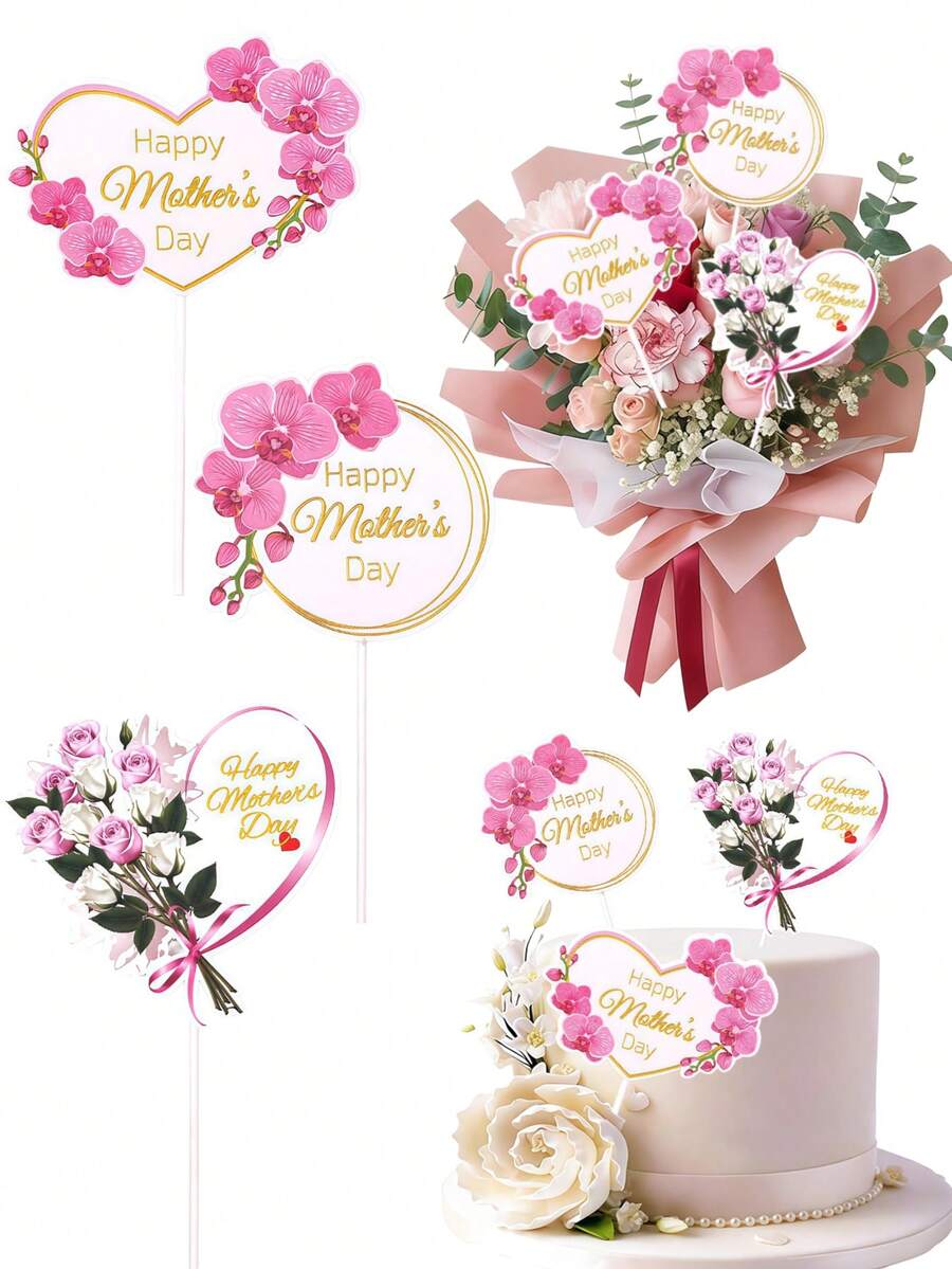 Bộ 6 món trang trí bánh kem Ngày của Mẹ, hình trái tim, hình tròn, hình bướm, hình hoa hồng, dùng để trang trí bánh cupcake, trang trí bánh sinh nhật, đồ trang trí màu hồng, đồ dùng cho tiệc Ngày của Mẹ. - Nhiều màu - Xem 1