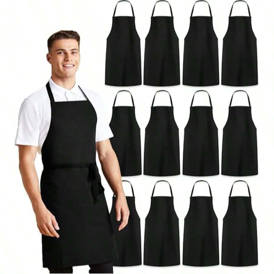 24/12Pack Adult Kitchen Aprons - Polyester Aprons, Adjustable Unisex Bib Style Aprons, Solid Color, Wear-Resistant And Stain-Resistant, Suitable For Cooking, Barbecue, Hairdressing, Waiters, Chefs And Outdoor Activities; Essential For Barbecue | Kitchen Uniforms | Handmade Uniforms - 12-pack Black - View 1