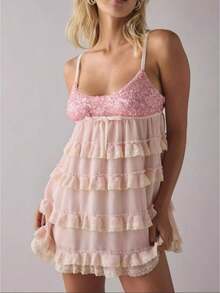 Women's Sequin Lace Edge Ruffled Mini Dress Multi-Layered Spaghetti Strap Sleeveless Cute Bow Decor Short Dress For Club Party - 粉色 - 查看 1