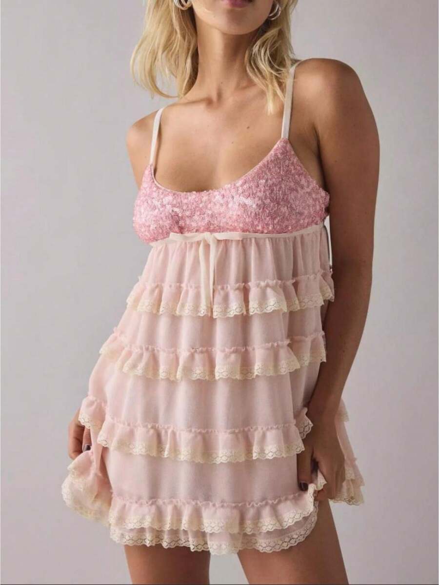 Women's Sequin Lace Edge Ruffled Mini Dress Multi-Layered Spaghetti Strap Sleeveless Cute Bow Decor Short Dress For Club Party - 粉色 - 查看 1
