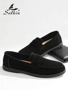 Salkin Designer Fashion Men's Slip-On Loafers, Faux Suede Casual Shoes, Soft, Comfortable, Breathable, Non-Slip, Durable Flat Shoes, Versatile For Suits, Students, Graduation, Business, Party, Wedding, Spring/Summer/Autumn, Plus Size, Multiple Colors Available. Note: Runs Small, Please Order One Size Up. Old Money Chic Autumn - Black - View 7