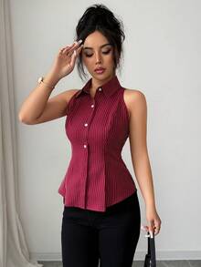 Front Button Ribbed Button Vacation & Commute Sleeveless Striped Shirt, Burgundy Waist Fitted Blouse, Sexy Commuter Summer - Burgundy - View 5