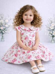 Vestido Menina Estampa Flores Delicadas Gola Boneca Clássica Babados Mangas Curtas Pompom Elegante Rodado Algodão Confortável Macio Tecido Premium Festa Aniversário Batizado Eventos Especiais Visual Encantador Moda Infantil Estilo Princesa Casual Chic Primavera Verão Roupas Meninas Conforto Meigo Look Blogueirinha Fotografia Passeio Presente Perfeito Charmoso Estiloso Estampado Floral - Rosa chiclete - Visão 5